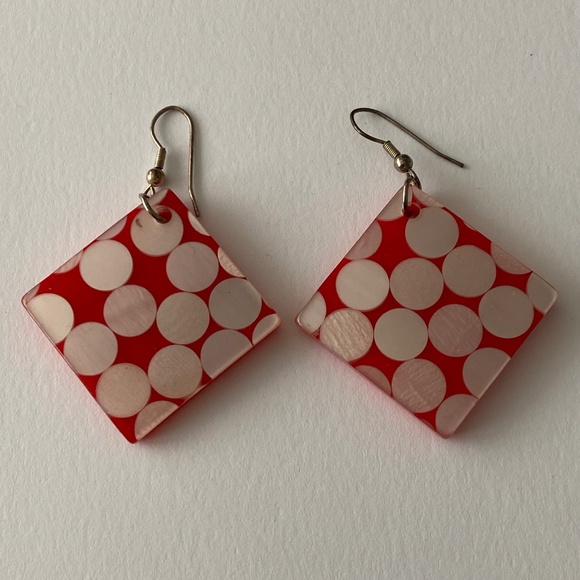 Vintage 80s red acrylic post-modern pop art dot drop dangle earrings - Picture 1 of 4